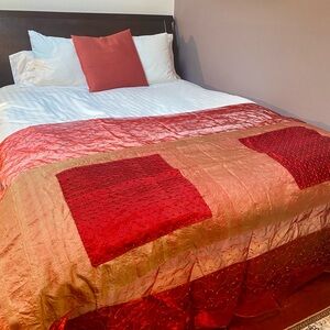 Luxurious Decorative Bed Throw or Table Cloth with Red and Gold Panel and Pearls
